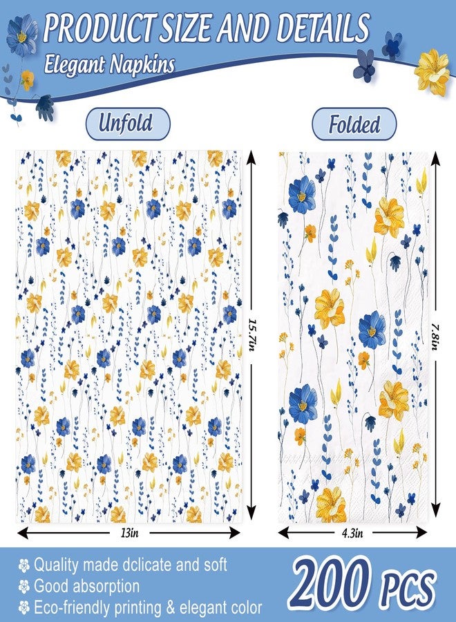 JarThenaAMCS مناديل ضيوف مزخرفة بالزهور من JarThenaAMCS، عبوة من 200 منديل، أصفر وأزرق، مناديل ورقية للاستخدام مرة واحدة، مناسبة لحفلات العشاء، وحفلات استقبال المولود، وأعياد الميلاد. - Image 2